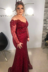 Burgundy Mermaid Long Sleeve Beads Mother Of The Bride Dress Burgundy